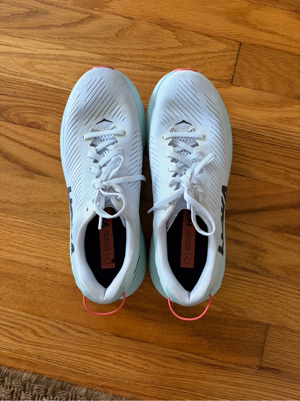 Hoka Women's Clifton 8 - White and Mint Athletic Running Shoes with Coral Accent - Picture 4 of 5